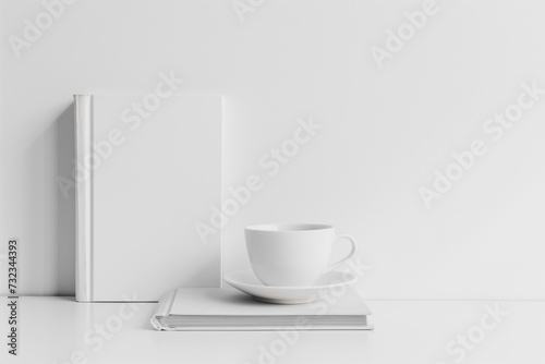 mockup of white clean book and cup