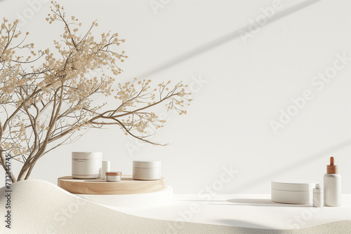 Podium with cosmetics containers and dry tree twigs branch with white sand beach on white background. 3d rendering illustration. Clipping path of each element included. Copy space