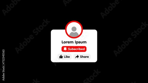 Social media lower third, banner template. Click or press subscribe, like and share button with alpha channel. Subscribed, liked and shared buttons in red theme color with transparent. 01