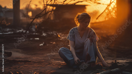 girl on fire against the backdrop of a destroyed city war tragedy external danger of the soul a woman lying on the ground sitting in a dress destruction of a calm and happy life fire in the background