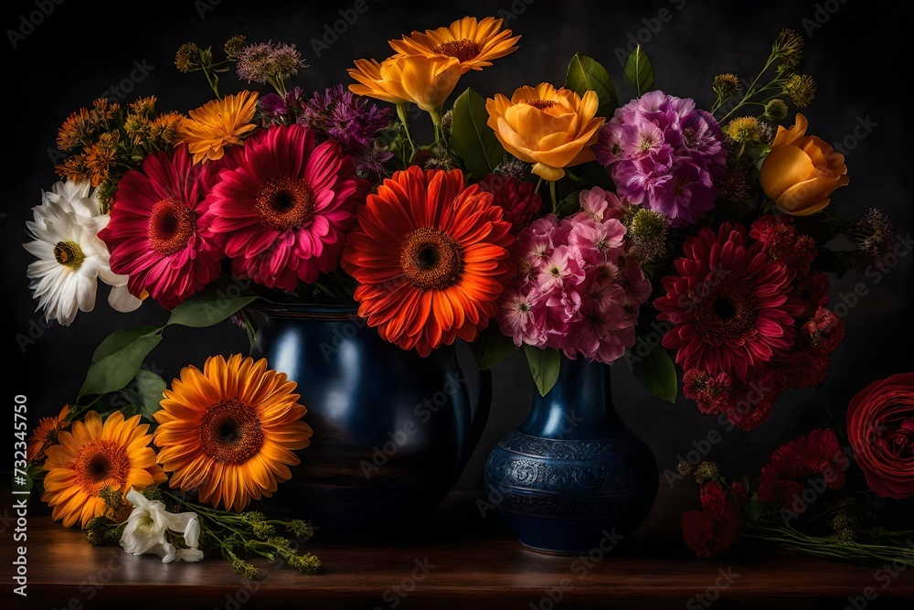 A stunning close-up view of a vase filled with vibrant flowers on a beautifully set dining table. A stunning close-up view of a vase filled with vibrant flowers on a beautifully set dining table.