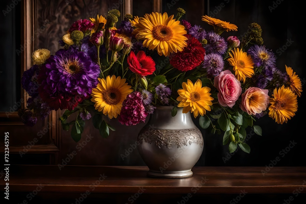 A stunning close-up view of a vase filled with vibrant flowers on a beautifully set dining table. A stunning close-up view of a vase filled with vibrant flowers on a beautifully set dining table.