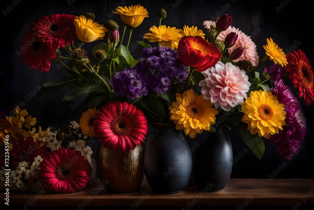 A  stunning close-up view of a vase filled with vibrant flowers on a beautifully set dining table. 