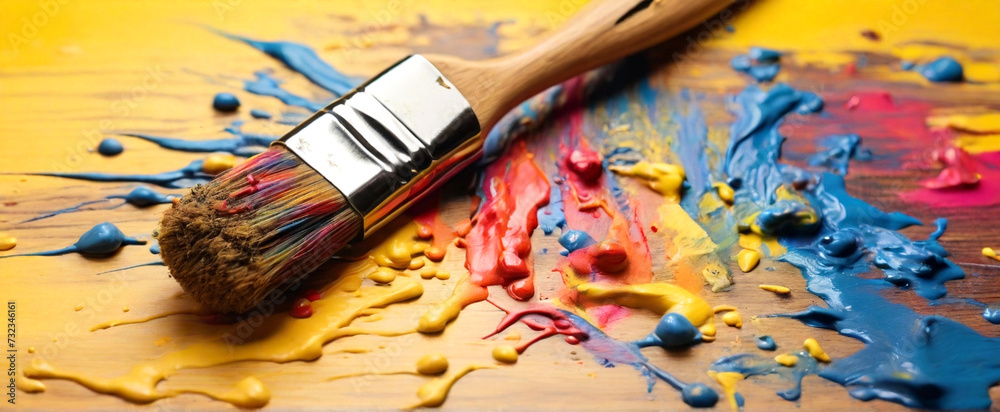 A wooden brush with bright colors on the bristles artistically splashes a spectrum of paint onto a bright yellow background, top view, a lot of empty space in the frame on the sides