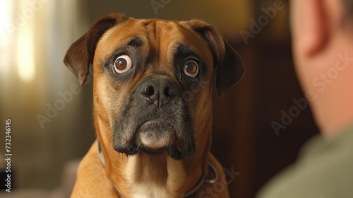 A dog with bulging eyes looks at the owner in surprise