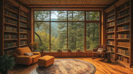 scenic bookshelf background of interior home office library study with window view of trees and hills. Rustic wood bookshelves in cozy room. Virtual online presentation teams meeting room backdrop