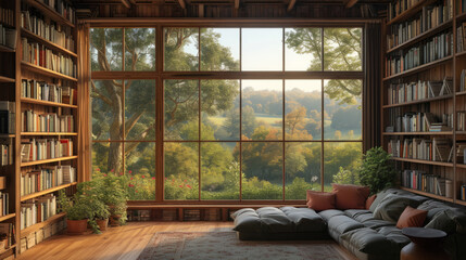 scenic bookshelf background interior home office library study with window view of trees and hills backdrop. Rustic wood bookshelves in cozy room. Virtual online presentation teams meeting room