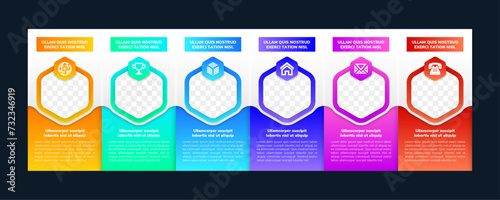 Company colorful gradient hexagon mosaic presentation template with team profile photos placeholders and some sample text about each frame member, dark version with space for photos. 