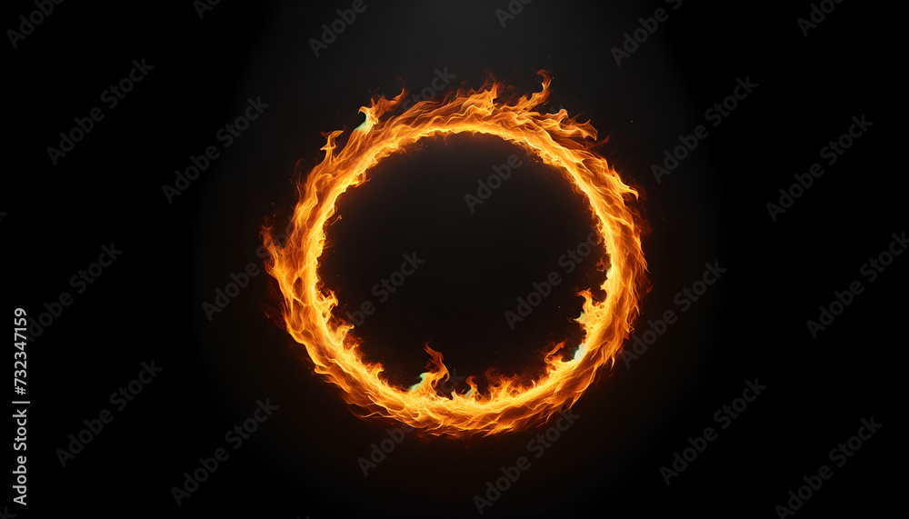 Dynamic ring of fire against a stark black backdrop, capturing the raw power of flame in motion for bold visual projects.
Generative AI. - obrazy, fototapety, plakaty 