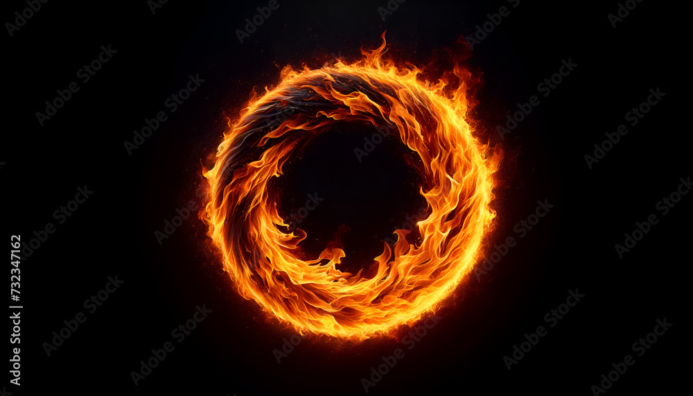 Dynamic ring of fire against a stark black backdrop, capturing the raw ...