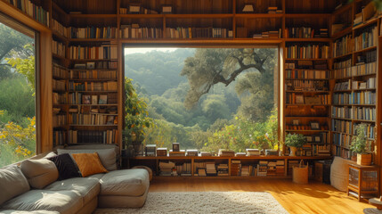 scenic bookshelf background home interior office library study with window view of trees and hills backdrop. Rustic wood bookshelves in cozy room. Virtual online presentation meeting room background.