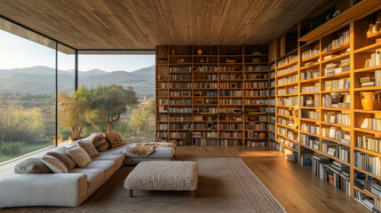 scenic bookshelf background of interior home office library study with window view trees and hills backdrop. Rustic wood bookshelves in room. Virtual online presentation teams meeting room background.