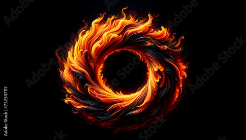 Dynamic ring of fire against a stark black backdrop, capturing the raw power of flame in motion for bold visual projects. Generative AI.