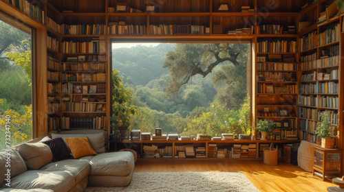 Warm inviting scenic home office library with expansive view of nature in golden hour sunlight. Rustic wood bookshelf in cozy decorated room. Virtual online zoom presentation meeting room background. photo
