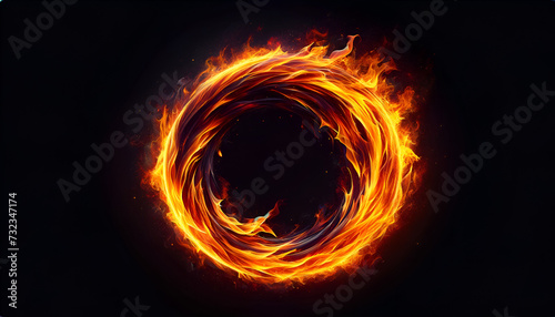 Spectacular fire circle effect with radiant flames on a deep black background, perfect for dramatic designs and backdrops. Generative AI.