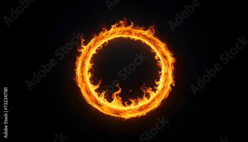 Spectacular fire circle effect with radiant flames on a deep black background, perfect for dramatic designs and backdrops. Generative AI.