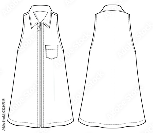 Women A line shirt collar dress design flat sketch fashion illustration with front and back view, Basic Sleeveless zipper front shift dress cad drawing vector template