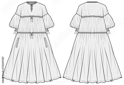 Women tired maxi Prairie dress design flat sketch fashion illustration with front and back view, long bishop sleeve Tiered maxi dress flat sketch template