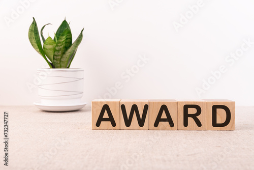 AWARD word on wooden cubes on a light background