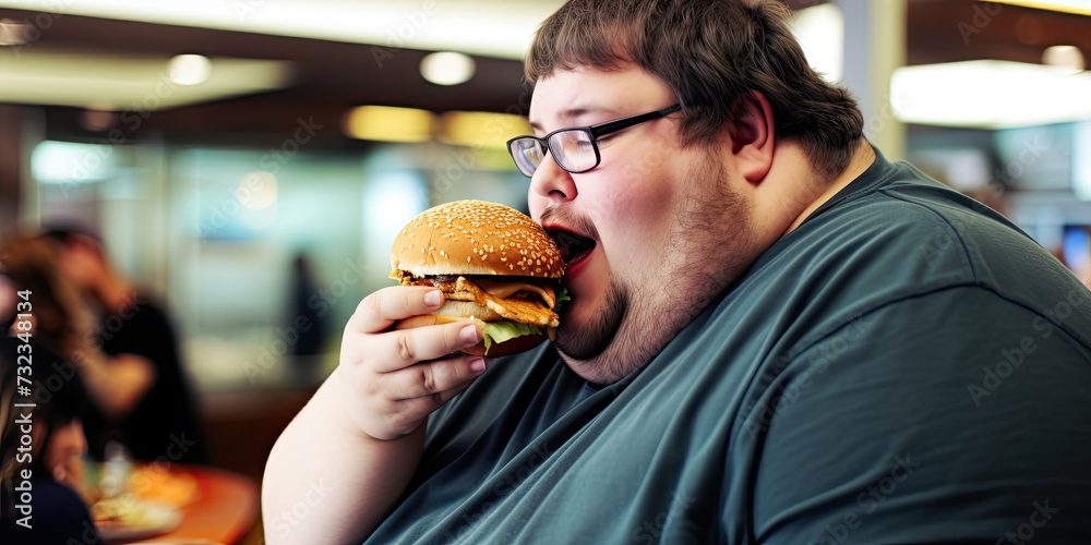 Junk food illustration, person eating unhealthy foods high in calories saturated fat and sugar, bad habits for dieting, generated ai Junk food illustration, person eating unhealthy foods high in calories saturated fat and sugar, bad habits for dieting, generated ai