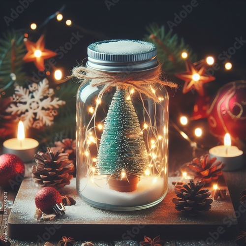 Merry Christmas and happy new year concept, Light bulb and small Christmas tree in glass jar