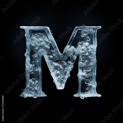 Icy letter M. Cold font made of frozen water and ice. Concept of north, frost and winter.