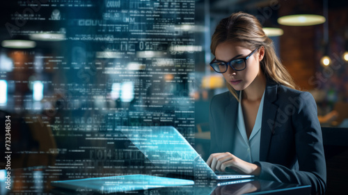 business woman reading coding signs on her computer screen