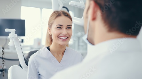Dentist, mirror and woman check smile after teeth cleaning, braces and dental consultation. Healthcare, dentistry and happy female patient with orthodontist for oral hygiene, wellness and photo