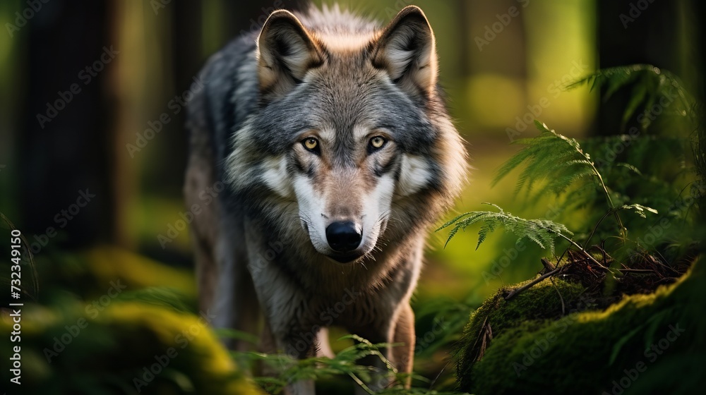Europe wildlife. Wolf from Finland. Gray wolf, in the spring light, in the forest with green leaves. Wolf in the nature habitat. Wild animal in the Finland taiga. Wildlife nature, Europe