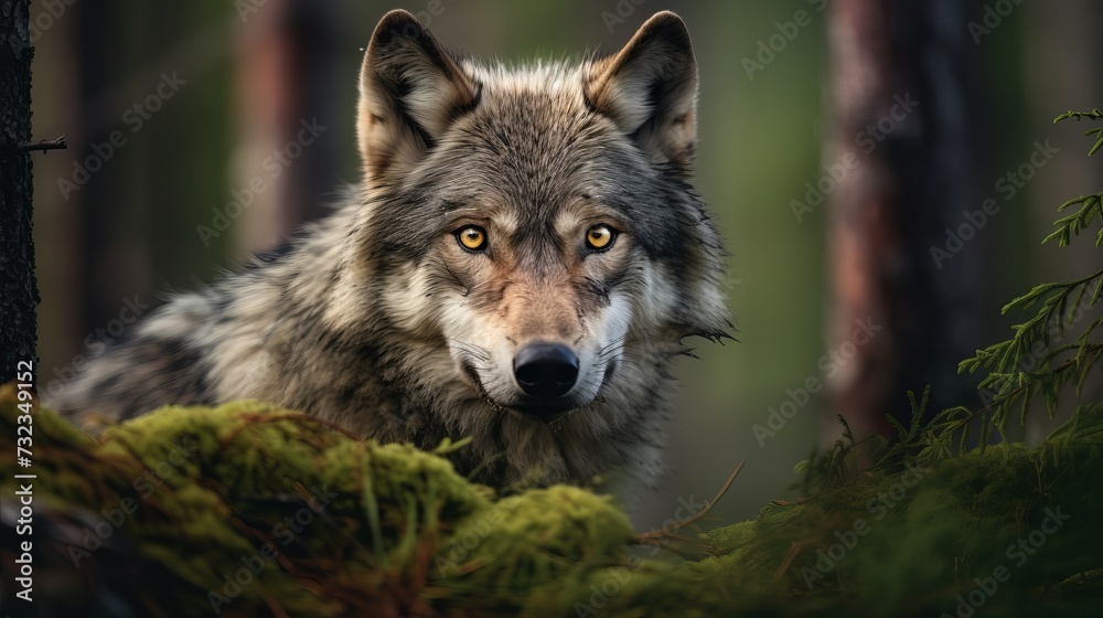 Europe wildlife. Wolf from Finland. Gray wolf, in the spring light, in the forest with green leaves. Wolf in the nature habitat. Wild animal in the Finland taiga. Wildlife nature, Europe