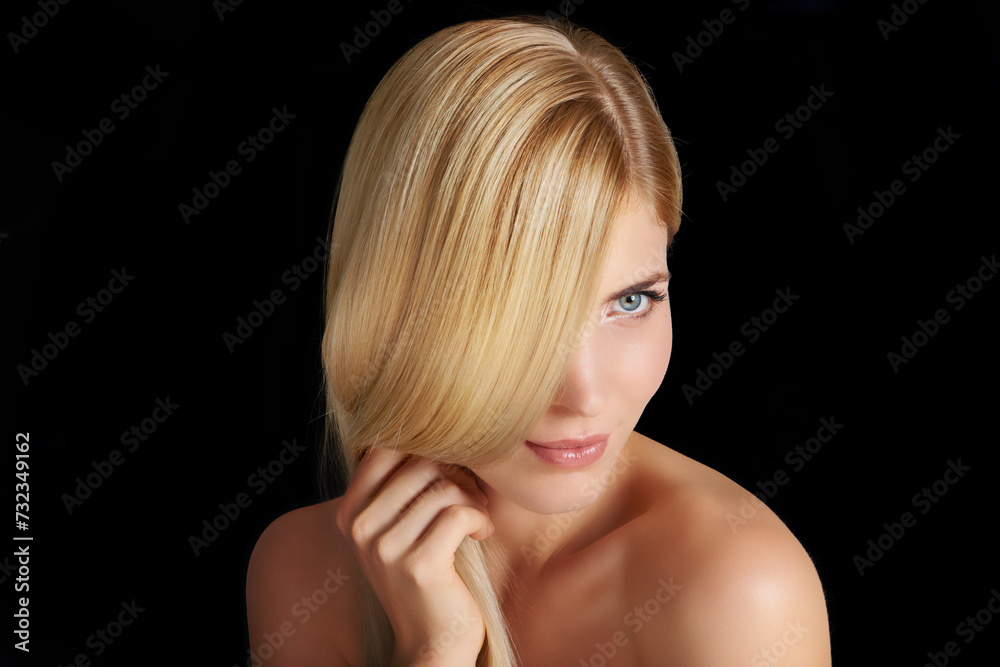 Hair care, face and beauty of woman, thinking and skincare isolated on a black studio background. Hairstyle, makeup and young blonde model in cosmetics, hairdresser and salon for facial treatment Hair care, face and beauty of woman, thinking and skincare isolated on a black studio background. Hairstyle, makeup and young blonde model in cosmetics, hairdresser and salon for facial treatment