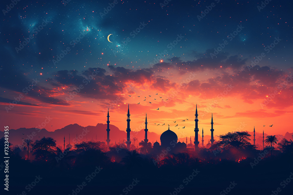 Ramadan Kareem greeting card banner poster design with moon and Mosque minar 