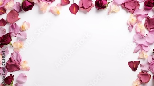 Flowers composition. Frame made of dried rose flowers on white background. Flat lay, top view, copy space