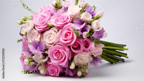 Fresh, lush bouquet of colorful flowers  for present isolated on white background. Wedding bouquet of roses and freesia flowers