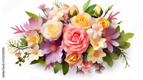 Fresh, lush bouquet of colorful flowers for present isolated on white background. Wedding bouquet of roses and freesia flowers