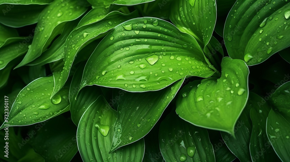 Green plant texture, Garden lily leaves wet from rain, overhead view, natural fractals background - obrazy, fototapety, plakaty 