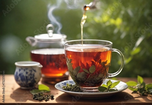 Hot tea is poured into a bowl of herbal tea in a serene, bright morning setting.