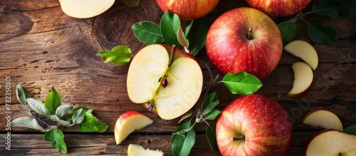 Fresh McIntosh apples on wooden table with leaves photo