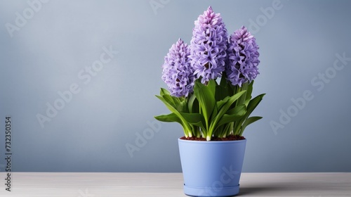 Purple hyacinth flowers grow in a pot. A delicate, beautiful spring flower. A fragrant, lush flower. The concept of spring, Women's Day. photo