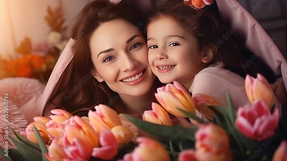 Happy mother's day! Child daughter congratulates mom and gives her flowers tulips. Mum and girl smiling and hugging. Family holiday and togetherness