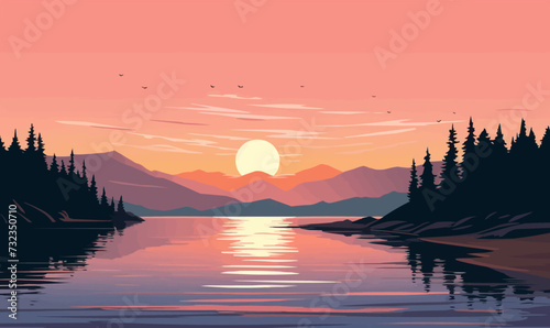 sunset lake vector flat minimalistic isolated illustration photo