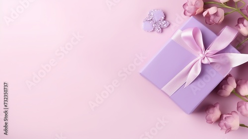Happy Mother's Day, Women's Day, Valentine's Day or Birthday Pastel Candy Colors Background. Floral flat lay greeting card with beautifully wrapped present and copy space