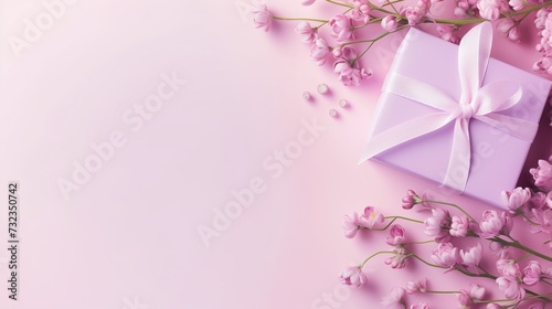 Happy Mother s Day  Women s Day  Valentine s Day or Birthday Pastel Candy Colors Background. Floral flat lay greeting card with beautifully wrapped present and copy space