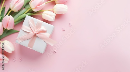 Happy Mother's Day, Women's Day, Valentine's Day or Birthday Pastel Candy Colors Background. Floral flat lay greeting card with beautifully wrapped present and copy space