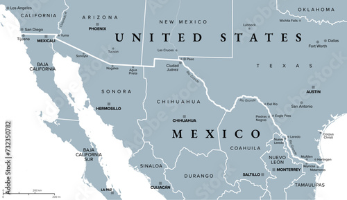 Mexico-United States border, gray political map. International border between countries Mexico and USA, with states, capitals, and most important cities. Most frequently crossed border in the world. photo