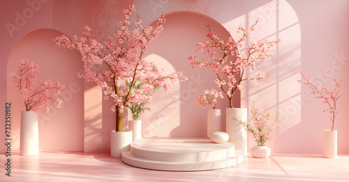Podium for product demonstration in room adorned with vases filled with beautiful pink flowers