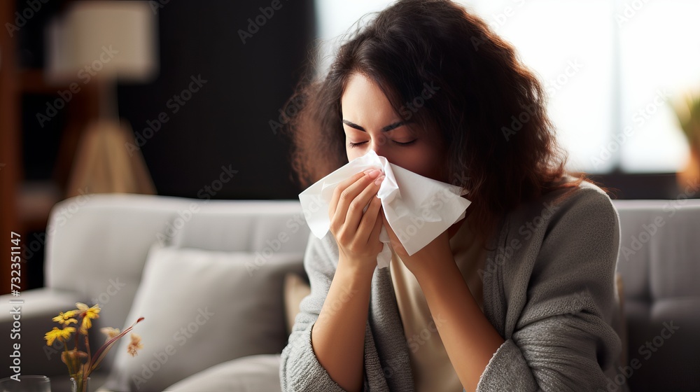 Ill or sick woman with allergy, sinus infection sneezing in tissue or blowing nose during flu season at home. Sick girl caught a bad cold showing symptoms of covid, or suffering from a Ill or sick woman with allergy, sinus infection sneezing in tissue or blowing nose during flu season at home. Sick girl caught a bad cold showing symptoms of covid, or suffering from a