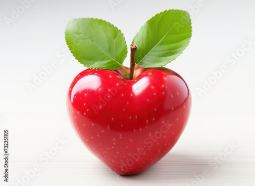 A vibrant red apple with a unique heart shape sits against a white background, representing the concept of healthy eating and well-being.