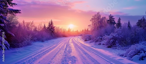 A natural landscape with snowy road, purple sky, and a sunset on the horizon, creating a beautiful atmosphere