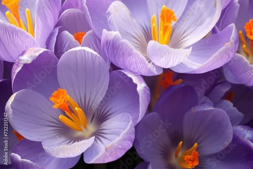 Close up of purple crocus flowers with orange pistil. generative ai.